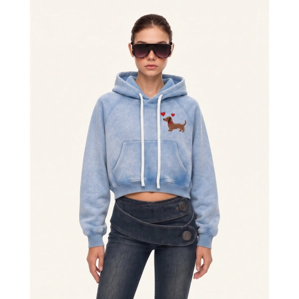 JW PEI Dachshund Heart Acid Cropped Hoodie in Washed Sky | Hoodies | Coveti