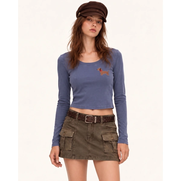JW PEI Dachshund Scoop Neck Curved Cropped Tee in Smokey Slate | Tops | Coveti