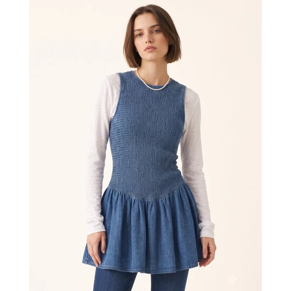 JW PEI Darling Shirred Elastic Flared Denim Dress in Vintage Indigo | Mini Dresses | Coveti