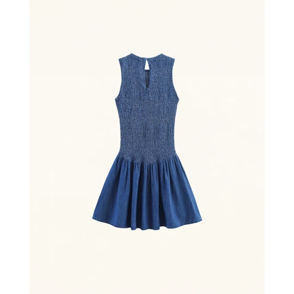 JW PEI Darling Shirred Elastic Flared Denim Dress in Vintage Indigo | Mini Dresses | Coveti