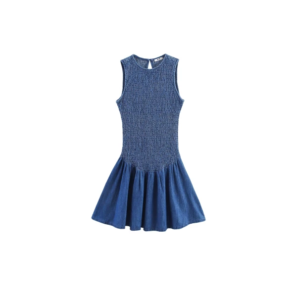 Darling Shirred Elastic Flared Denim Dress in Vintage Indigo