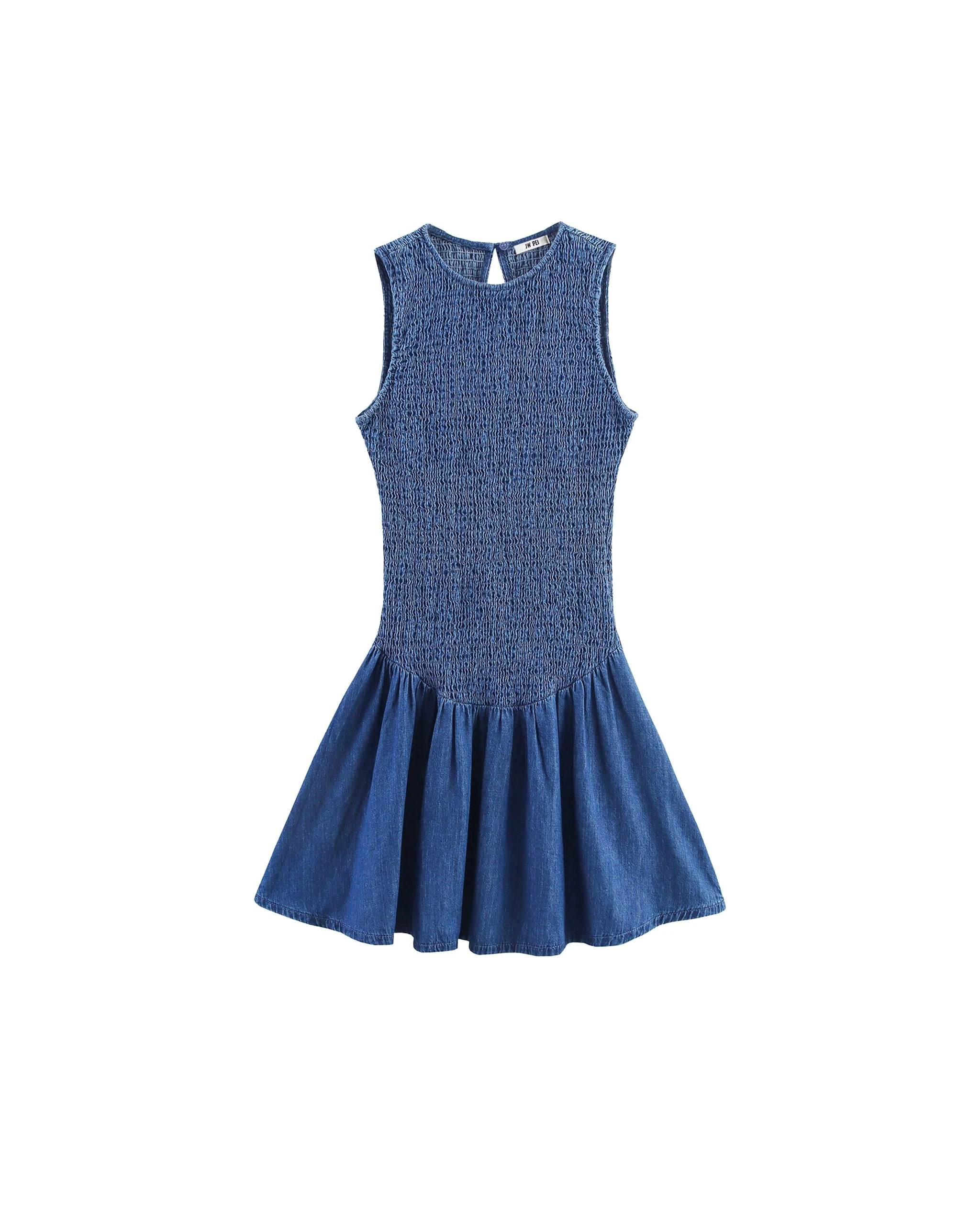 JW PEI Darling Shirred Elastic Flared Denim Dress in Vintage Indigo JW PEI Darling Shirred Elastic Flared Denim Dress in Vintage Indigo | Mini Dresses | Coveti