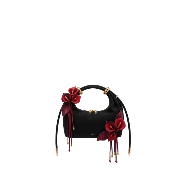 JW PEI Ellie Faux Suede Metal Ring 3D Calla Embellished Top Handle Bag in Black/Red | Totes & Top-Handle Bags | Coveti
