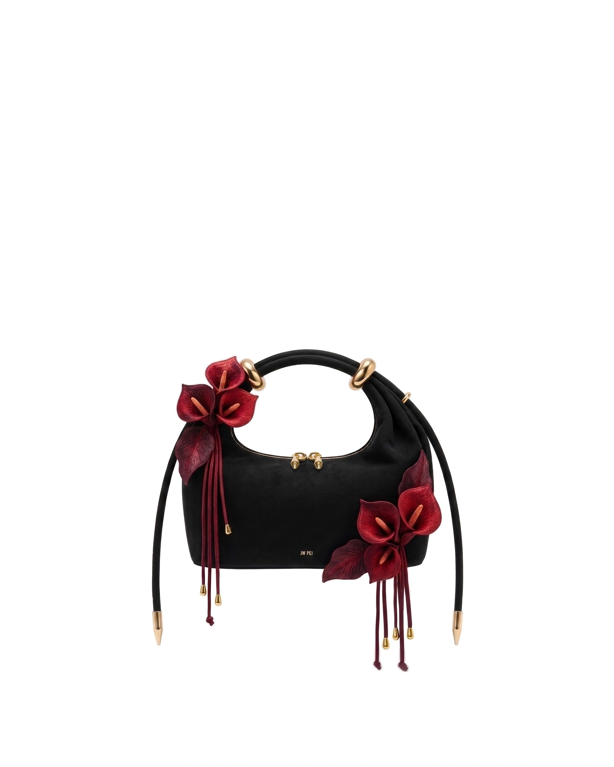 JW PEI Ellie Faux Suede Metal Ring 3D Calla Embellished Top Handle Bag in Black/Red JW PEI Ellie Faux Suede Metal Ring 3D Calla Embellished Top Handle Bag in Black/Red | Totes & Top-Handle Bags | Coveti