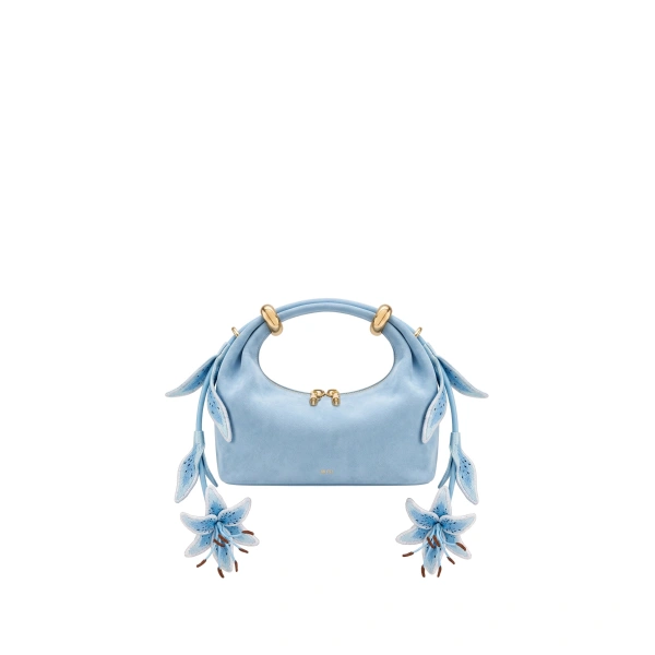 Ellie Faux Suede Metal Ring 3D Lily Embellished Top Handle Bag in Light Blue