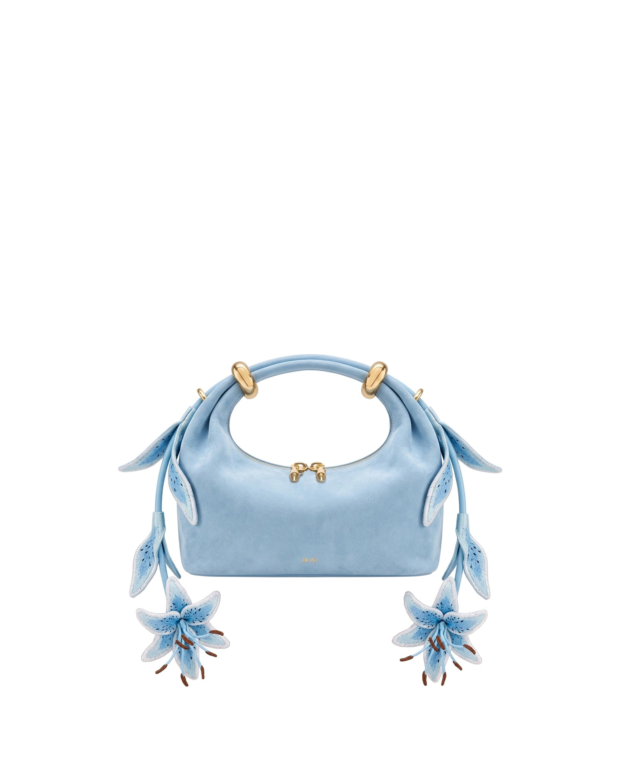 JW PEI Ellie Faux Suede Metal Ring 3D Lily Embellished Top Handle Bag in Light Blue JW PEI Ellie Faux Suede Metal Ring 3D Lily Embellished Top Handle Bag in Light Blue | Totes & Top-Handle Bags | Coveti