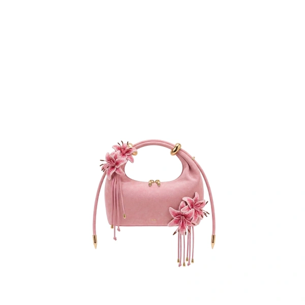 Ellie Faux Suede Metal Ring 3D Lily Embellished Top Handle Bag in Light Pink
