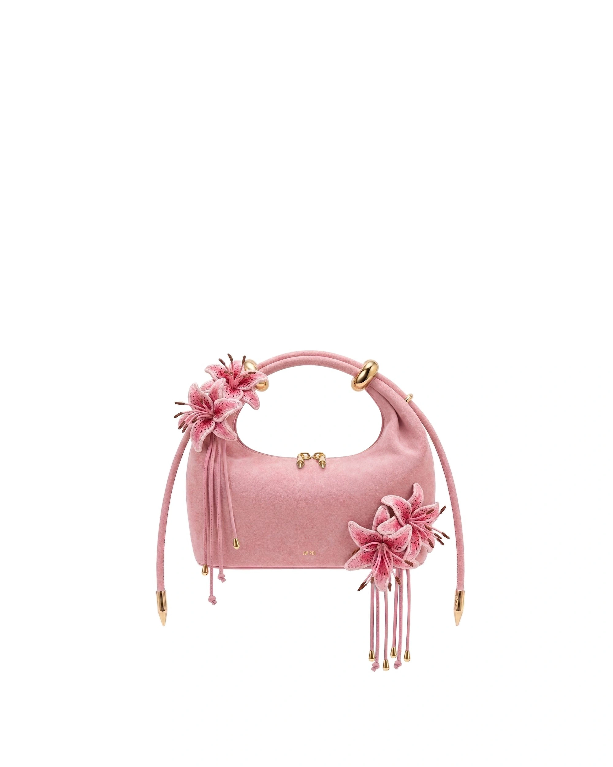 JW PEI Ellie Faux Suede Metal Ring 3D Lily Embellished Top Handle Bag in Light Pink JW PEI Ellie Faux Suede Metal Ring 3D Lily Embellished Top Handle Bag in Light Pink | Totes & Top-Handle Bags | Coveti