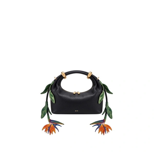 JW PEI Ellie Metal Ring 3D Strelitzia Reginae Embellished Top Handle Bag in Black/Orange | Totes & Top-Handle Bags | Coveti