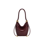 JW PEI Ellie Metal Ring Embellished Bucket Bag in Burgundy Croc | Bucket Bags | Coveti