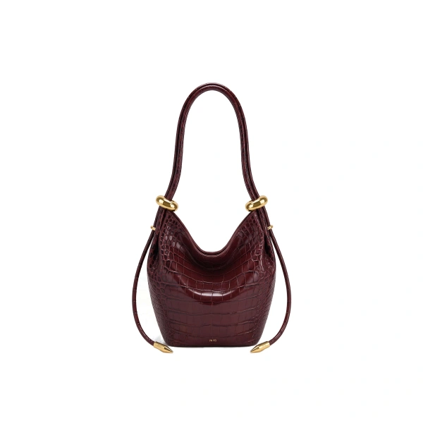 Ellie Metal Ring Embellished Bucket Bag in Burgundy Croc