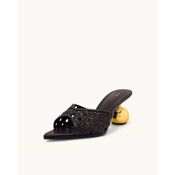 JW PEI Ellie Woven Sphere Heel Mules in Deep Burgundy | Mules | Coveti