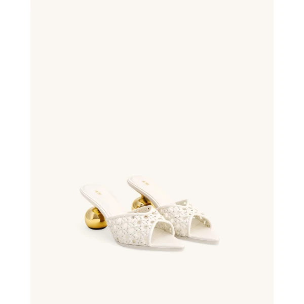 JW PEI Ellie Woven Sphere Heel Mules in White | Mules | Coveti