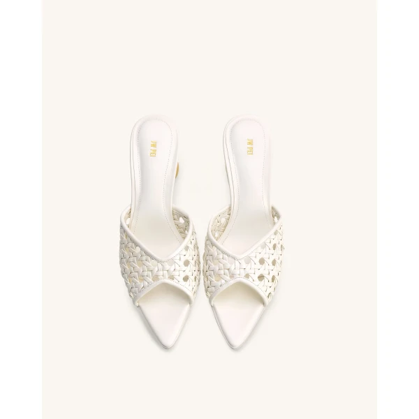 JW PEI Ellie Woven Sphere Heel Mules in White | Mules | Coveti