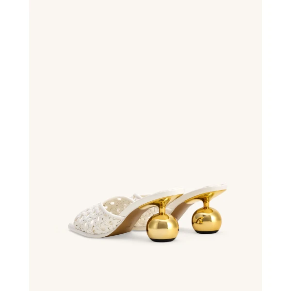 JW PEI Ellie Woven Sphere Heel Mules in White | Mules | Coveti
