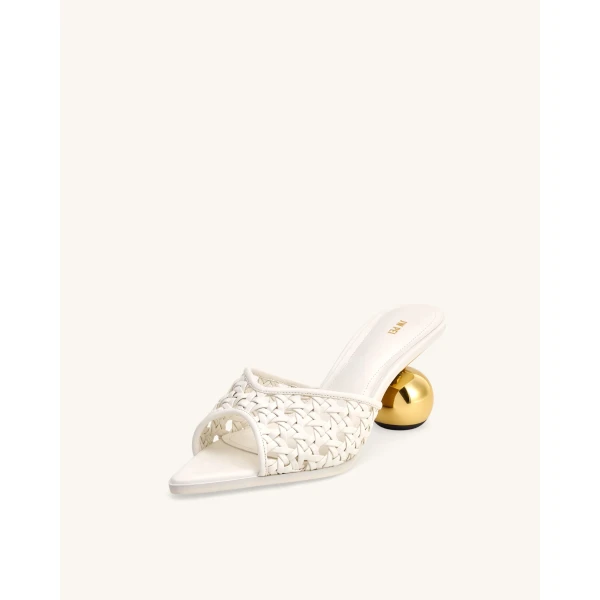 JW PEI Ellie Woven Sphere Heel Mules in White | Mules | Coveti
