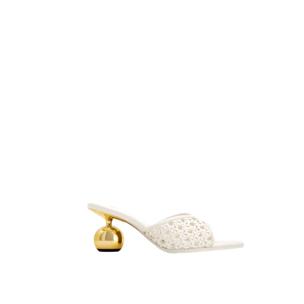 JW PEI Ellie Woven Sphere Heel Mules in White | Mules | Coveti