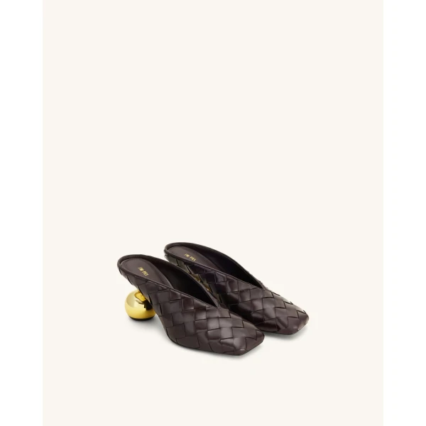 JW PEI Ellie Woven Square-Toe Mule Heels in Dark Brown | Mules | Coveti