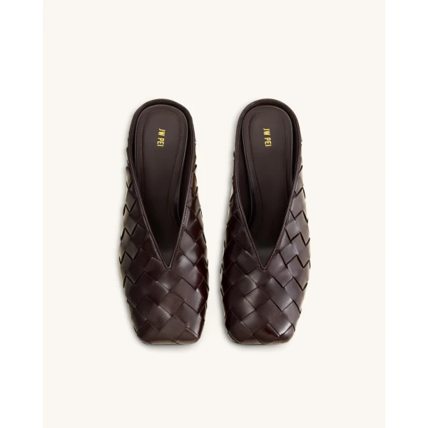 JW PEI Ellie Woven Square-Toe Mule Heels in Dark Brown | Mules | Coveti