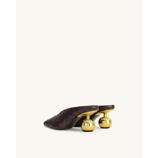 JW PEI Ellie Woven Square-Toe Mule Heels in Dark Brown | Mules | Coveti