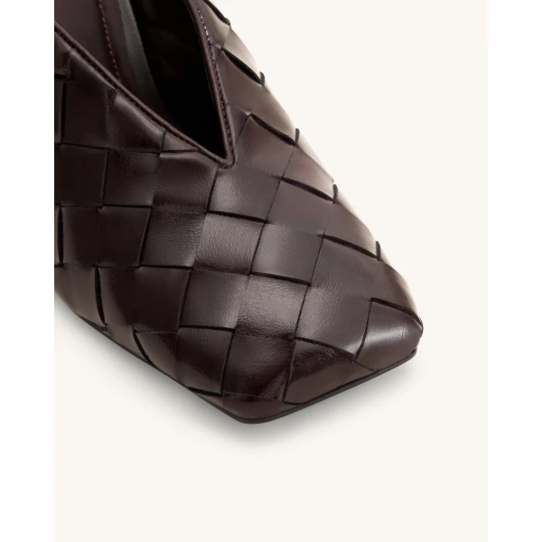 JW PEI Ellie Woven Square-Toe Mule Heels in Dark Brown | Mules | Coveti
