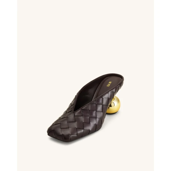 JW PEI Ellie Woven Square-Toe Mule Heels in Dark Brown | Mules | Coveti