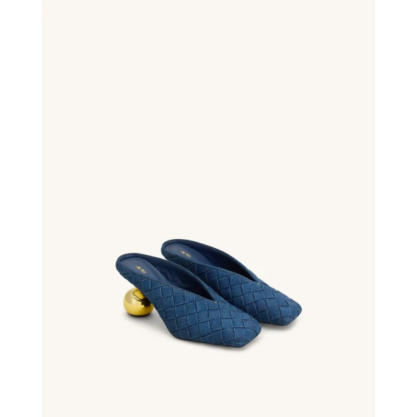 JW PEI Ellie Woven Square-Toe Mule Heels in Denim Blue | Mules | Coveti