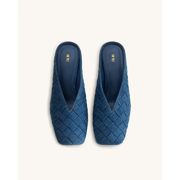 JW PEI Ellie Woven Square-Toe Mule Heels in Denim Blue | Mules | Coveti
