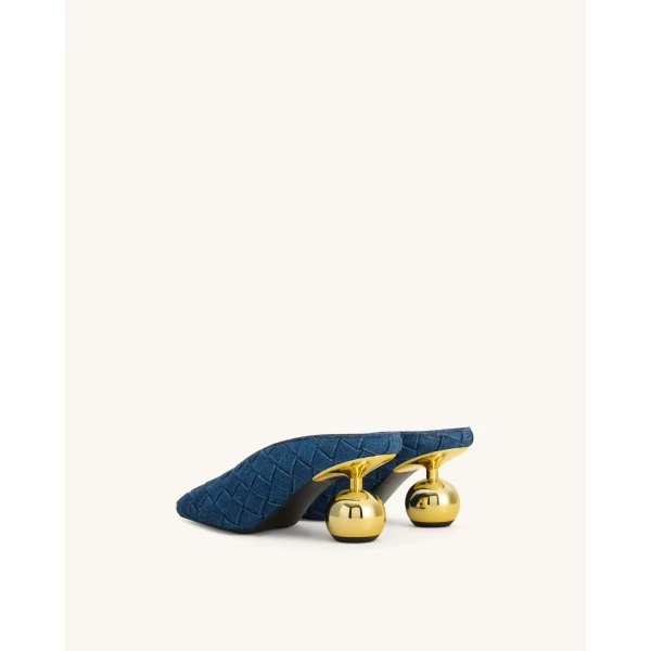 JW PEI Ellie Woven Square-Toe Mule Heels in Denim Blue | Mules | Coveti