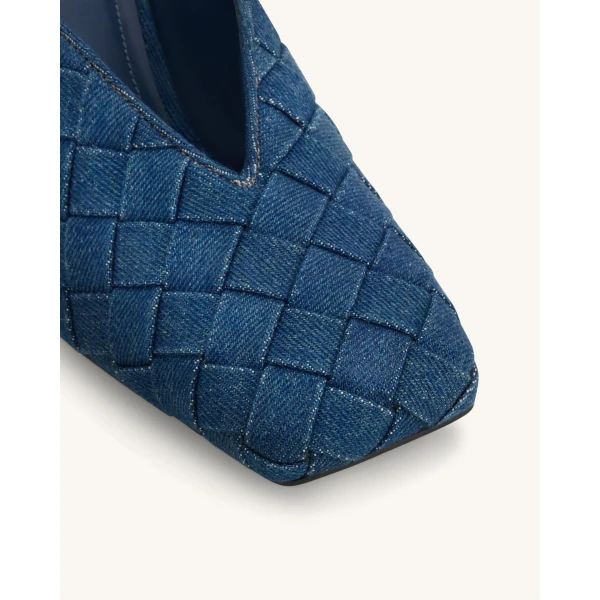 JW PEI Ellie Woven Square-Toe Mule Heels in Denim Blue | Mules | Coveti