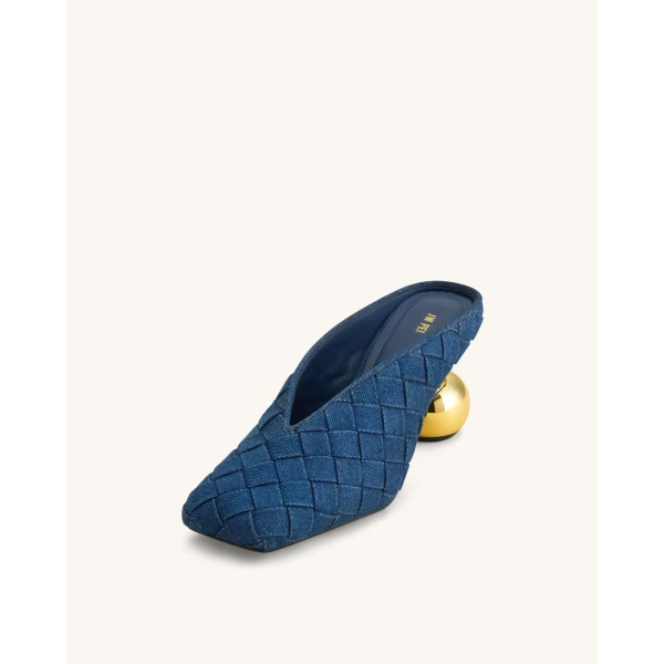 JW PEI Ellie Woven Square-Toe Mule Heels in Denim Blue | Mules | Coveti