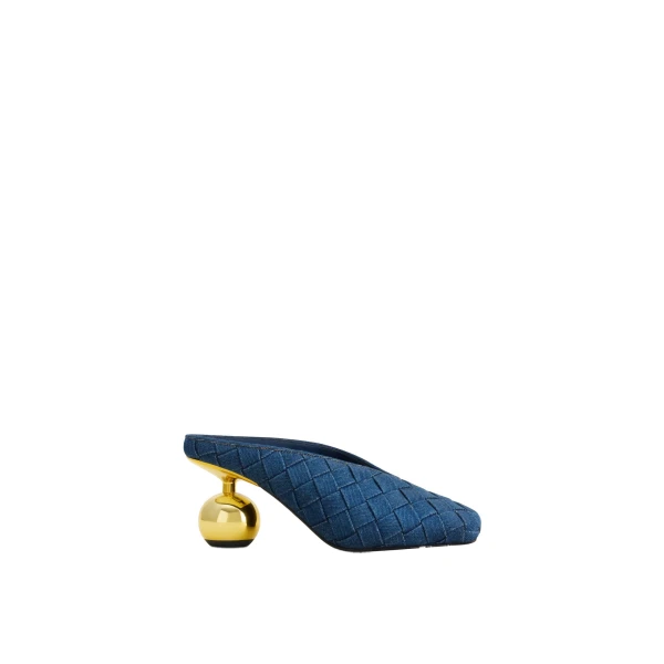JW PEI Ellie Woven Square-Toe Mule Heels in Denim Blue | Mules | Coveti