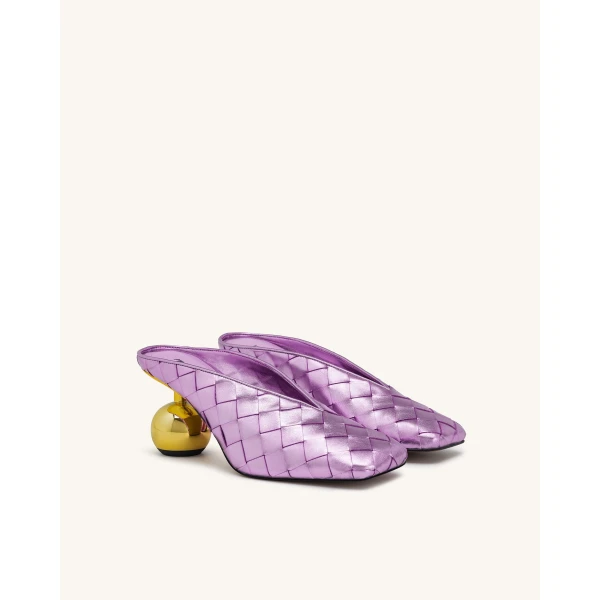 JW PEI Ellie Woven Square-Toe Mule Heels in Purple | Mules | Coveti