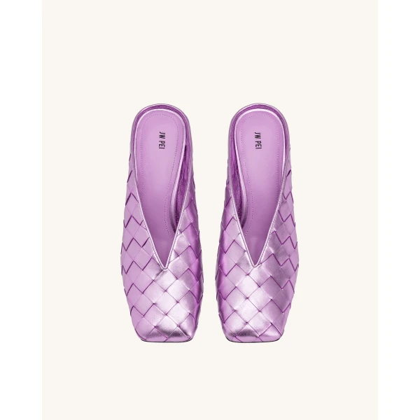 JW PEI Ellie Woven Square-Toe Mule Heels in Purple | Mules | Coveti