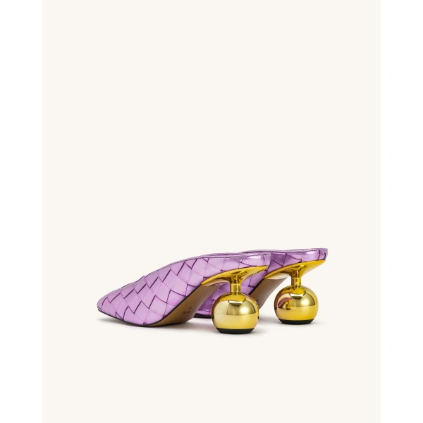 JW PEI Ellie Woven Square-Toe Mule Heels in Purple | Mules | Coveti