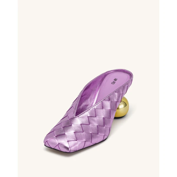 JW PEI Ellie Woven Square-Toe Mule Heels in Purple | Mules | Coveti