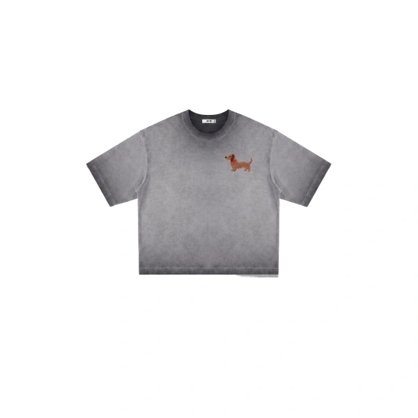 Embroidered Dachshund Boxy Tee in Washed Grey