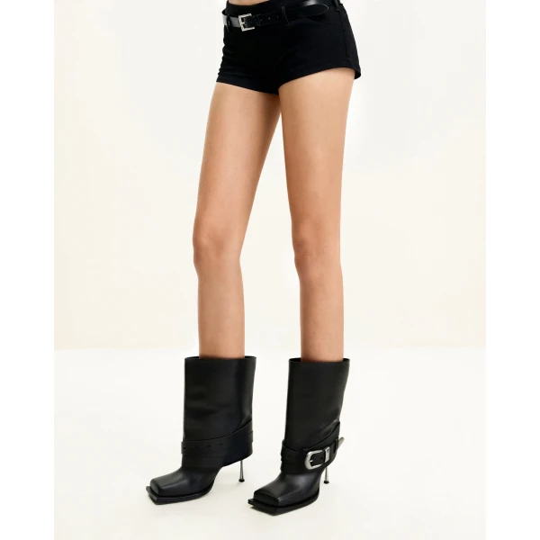 JW PEI Emilia Western Buckled Vegan Leather Stiletto Boots in Black | Boots | Coveti