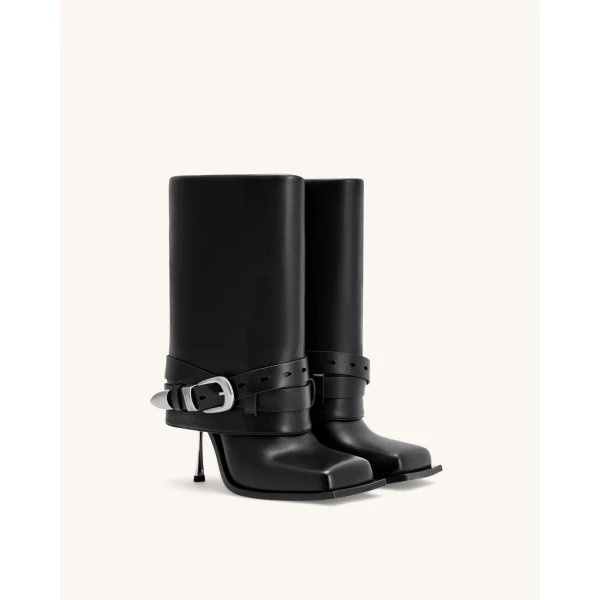 JW PEI Emilia Western Buckled Vegan Leather Stiletto Boots in Black | Boots | Coveti