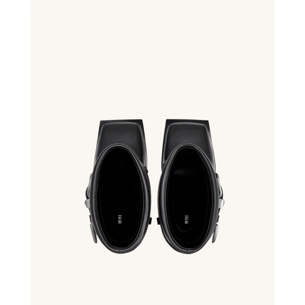 JW PEI Emilia Western Buckled Vegan Leather Stiletto Boots in Black | Boots | Coveti