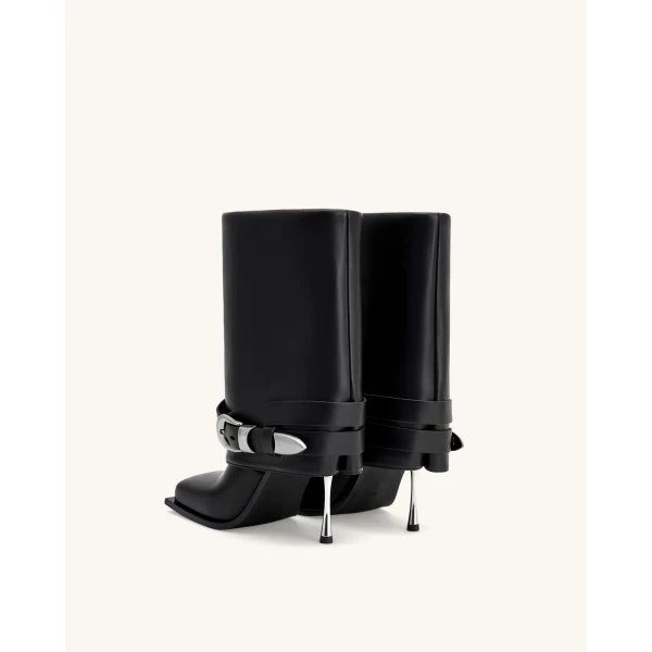 JW PEI Emilia Western Buckled Vegan Leather Stiletto Boots in Black | Boots | Coveti