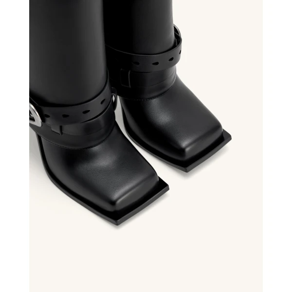 JW PEI Emilia Western Buckled Vegan Leather Stiletto Boots in Black | Boots | Coveti