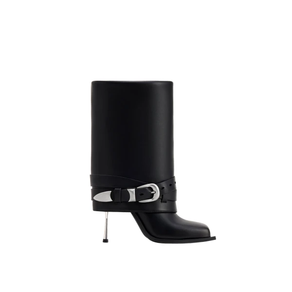 JW PEI Emilia Western Buckled Vegan Leather Stiletto Boots in Black | Boots | Coveti