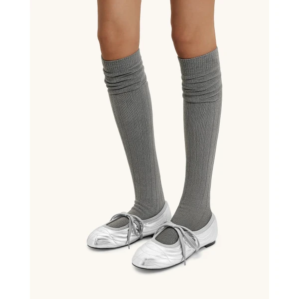 JW PEI Erika Topstitching lace-up Ballet Flats in Silver | Flats | Coveti