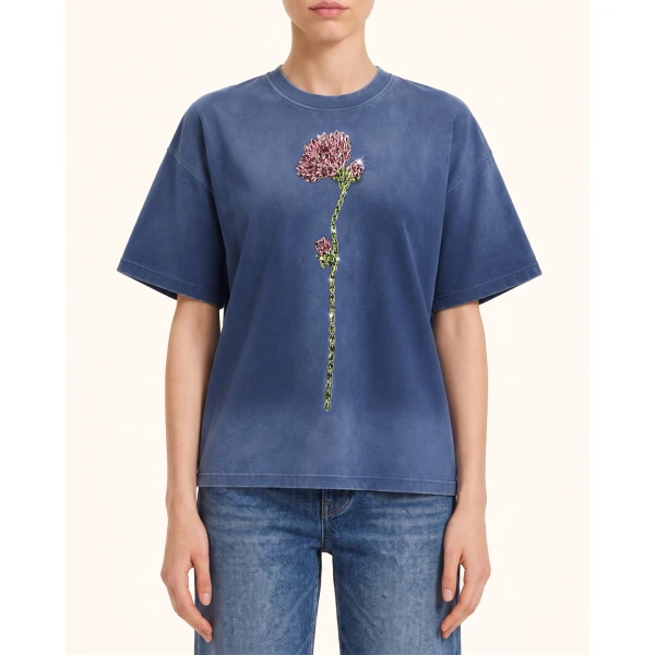 JW PEI Essential Rhinestone Rose Acid Wash Boxy Tee in Vintage Blue | Tops | Coveti