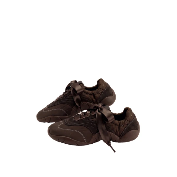 JW PEI Flavia Ribbon Lace Ballerina Sneakers in Dark Brown | Sneakers | Coveti
