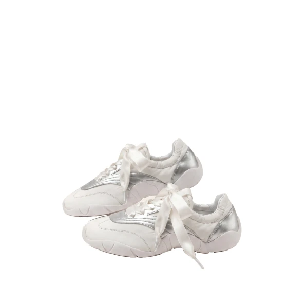 JW PEI Flavia Ribbon Lace Ballerina Sneakers in White Silver | Sneakers | Coveti