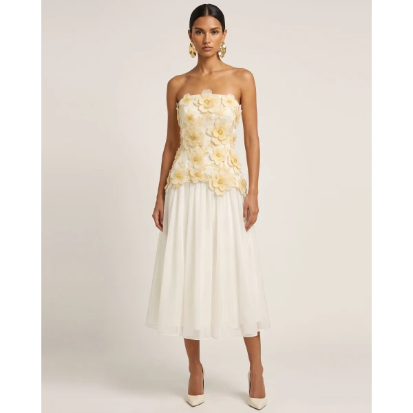 JW PEI Flower Embroidered Strapless Midi Dress in Ivory | Midi Dresses | Coveti