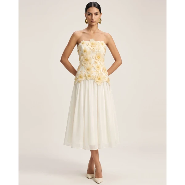 JW PEI Flower Embroidered Strapless Midi Dress in Ivory | Midi Dresses | Coveti