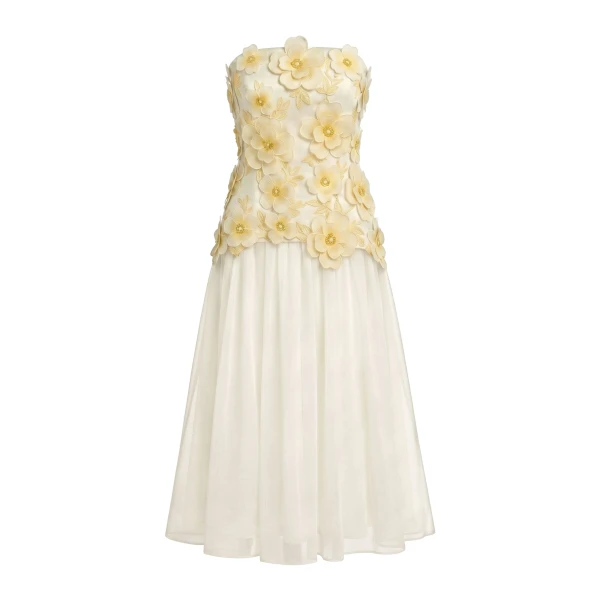 JW PEI Flower Embroidered Strapless Midi Dress in Ivory | Midi Dresses | Coveti